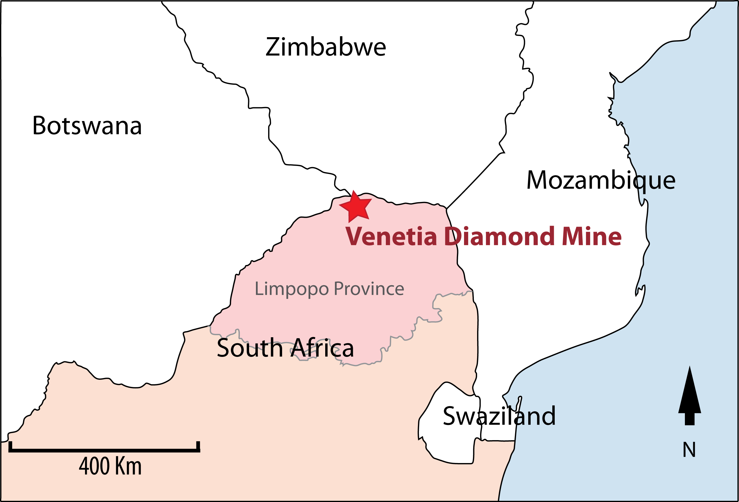 Map showing De Beers mine sites in South Africa